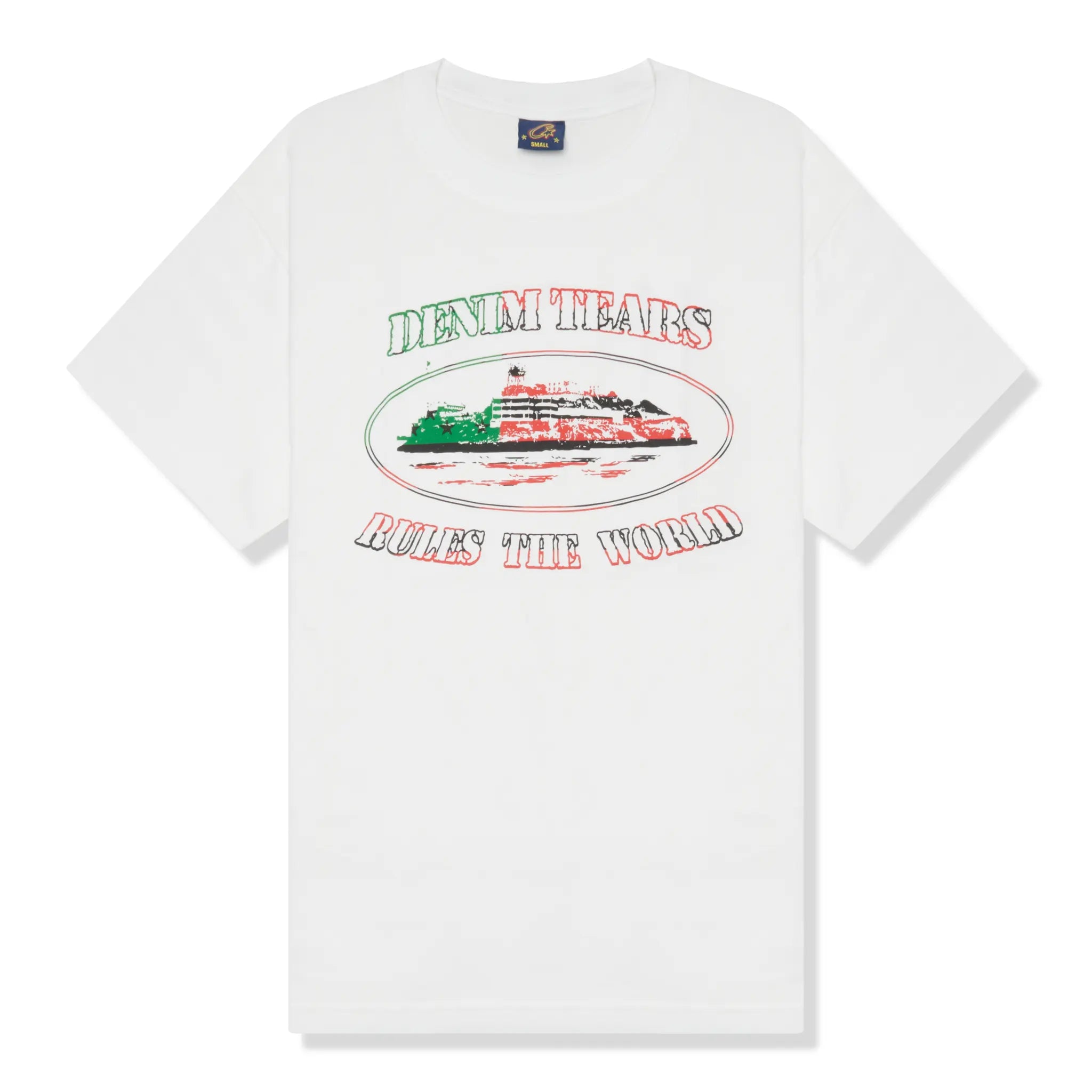 Front View of Corteiz x Denim Cortears OG Alcatraz White T Shirt